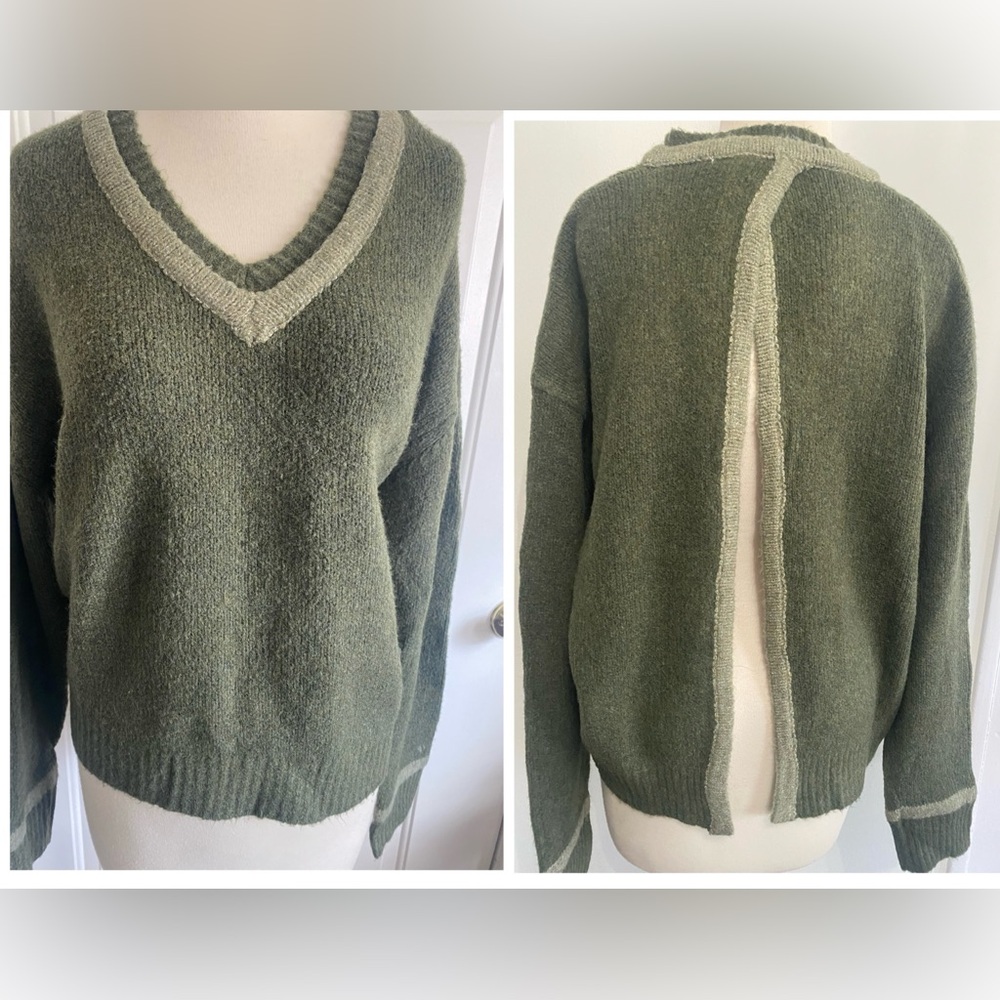 ZARA Olive Green V-Neck Sweater with Open Back - Size L - NEW